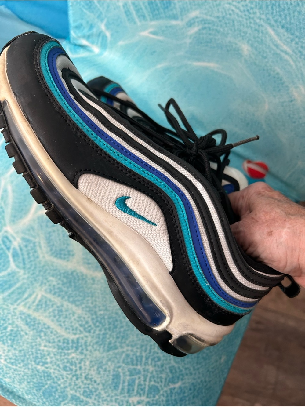 Nike Men’s Air Max 97 - Black with Teal & Blue Accents. 6.5